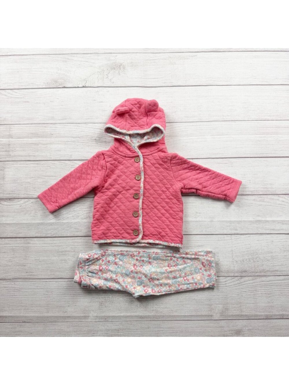 Carter’s Floral 2 Piece Pink Quilted Hooded Jacket Leggings Outfit 9-12 Months
